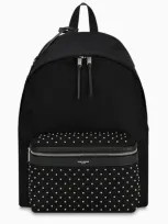 Saint Laurent City Backpack In Nylon And Black Leather With Studs In Black,silver Tone