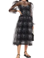 Simone Rocha Gathered Printed Organza Midi Dress In Black