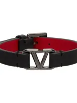 Valentino Garavani Black Calfskin Vlogo Bracelet In Black/pure Red