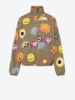 Moschino Allover Sun Smiley® Print Check Cotton Windbreaker In Beige