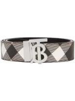 Burberry Reversible Monogram Motif Check E-canvas Belt In Dark Birch Brown Silver