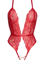 Roma Confidential Plunge Lace Open Gusset Teddy In Red