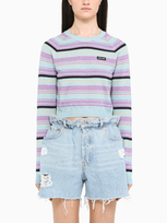 Miu Miu Short Sweater With All-over Striped Pattern In Multicolor