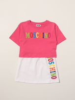 Moschino Kid Kid T-shirt + Skirt With Multicolor Logo In Pink