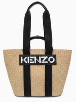 Kenzo Raffia Medium Tote Bag With Logo Patch In Black