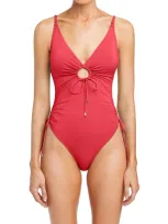 Robin Piccone Aubrey Drawstring Keyhole One Piece Swimsuit In Poppy