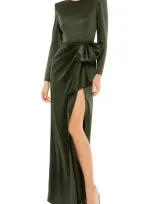 Mac Duggal Satin Bow Long Sleeve Column Gown In Olive