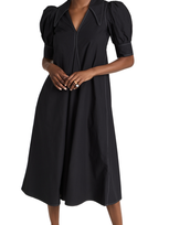 Ganni Poplin Puffed-sleeve Topstitched Midi Dress In Black