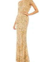 Mac Duggal Sequin Fringe Detail Gown In Light Gold