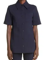 Victoria Beckham Fitted Button-up Ponte Knit Short Sleeve Shirt In Dark Navy