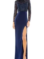 Mac Duggal Embellished High Neck Bodice Faux Wrap Gown In Midnight