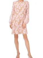 Halogen Plissé Long Sleeve Dress In Breezy Blooms Blue