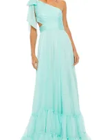 Mac Duggal Tiered One Shoulder Ruched Gown In Aqua