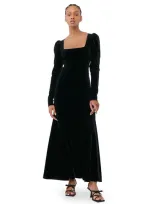 Ganni Velvet Jersey Puff Sleeve Dress Black