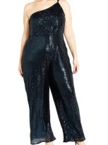 City Chic Savanna Sequin One-shoulder Jumpsuit In Petrol