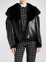 Marni Leather Short Jacket With Shearling Shawl Collar In Black