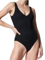 Spanx Women's Piqué Shaping One-piece Swimsuit In Very Black