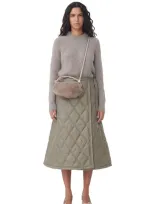 Ganni Brown Shiny Quilt Midi Skirt In Gray