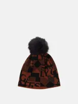 Pearly Gates Red Check Logo Pattern Cable Knit Beanie With Brahma Pattern In Brown