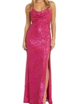 Morgan & Co. Cowl Neck Sequin Crossback Body-con Gown In Hot Pink