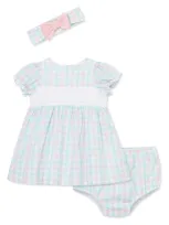 Little Me Baby Girls' Bow Check Headband, Smocked Check Dress, & Check Bloomers Set - Baby In White Pink