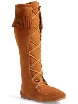 Minnetonka Knee High Moccasin Boot In Brown Suede