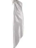 Anna October Desiree Asymmetric Satin Midi Dress In Silver