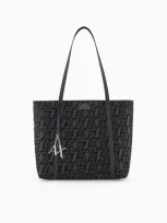 Armani Exchange Shopper Bag With Flocked Monogram And Charm In Black