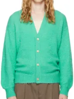 Auralee Green Brushed Wool Cashmere Silk Cardigan In Aqua Green