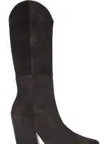 Black Suede Studio Le Noa 100 Pointed Toe Knee High Boot In Dark Brown Distressed Nubuck