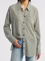 Bobeau Stripe Button-up Tunic In Ivory/olive Stripe