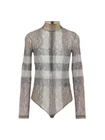 Burberry Printed Lace Bodysuit In Dark Birch Brown Check