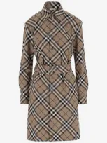 Burberry Check Wool Blend Chemisier Dress In Beige