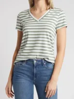 Caslonr Caslon(r) Stretch Cotton Blend V-neck T-shirt In Green Dune- White Charm Stripe