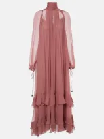 Chloé Gathered Silk Muslin Gown In Pink