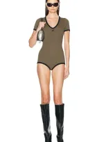 Courrèges Contrast V Neck Bodysuit In Camouflage Green & Black