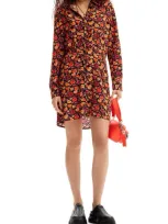 Desigual Short Floral Shirt Dress In Red