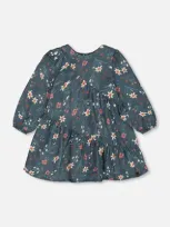 Deux Par Deux Baby Girl's Long Sleeve Muslin Dress Teal Printed Flowers In Printed Edelweiss