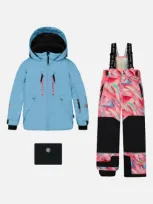 Deux Par Deux Kids'  Big Girl's Two Piece Technical Snowsuit Air Blue And Printed Marble