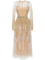 Elie Saab Embroidered Tulle Midi Dress In Gold