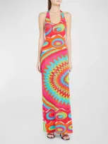 Emilio Pucci Halter Abstract-print Backless Maxi Dress In Fuxiaarancio