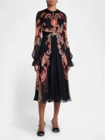 Etro Floral Silk Chiffon Long-sleeved Midi Dress In Print On Black Base