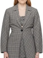 Ganni Mixed-check Fitted Blazer In Frost Gray