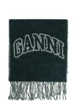 Ganni Wool Scarf With Logo In Green