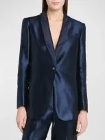 Giorgio Armani Linen Silk Single-button Blazer Jacket In Navy