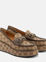 Gucci Horsebit Canvas Wedge Loafers In Ebony