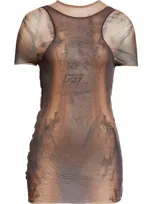 Jean Paul Gaultier X Shayne Oliver Gs Sport Print Sheer Convertible Tulle Dress In Dark Nude/black