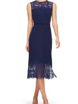 Kay Unger Women's Jamie Lace-trimmed Stretch Crepe Belted Midi-dress In Dark Twilight