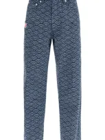 Kenzo Monkey Workwear Jeans With Seigaiha Print In Blue,light Blue