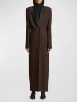 Khaite Bellow Long Peacoat With Satin Lapels In Dark Brown